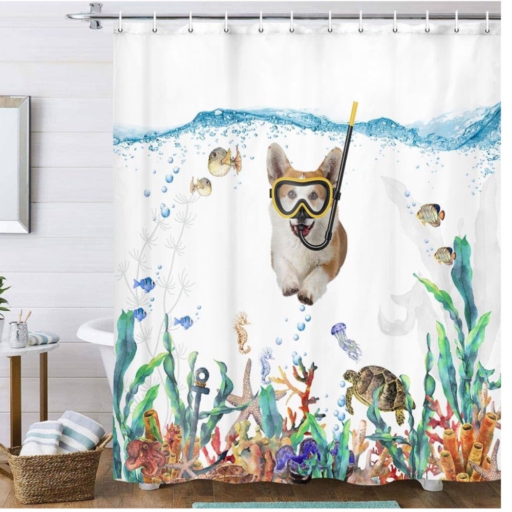 PRACTICALLY BRAND NEW! Uokiuki snorkeling Corgi and tropical fish shower curtain